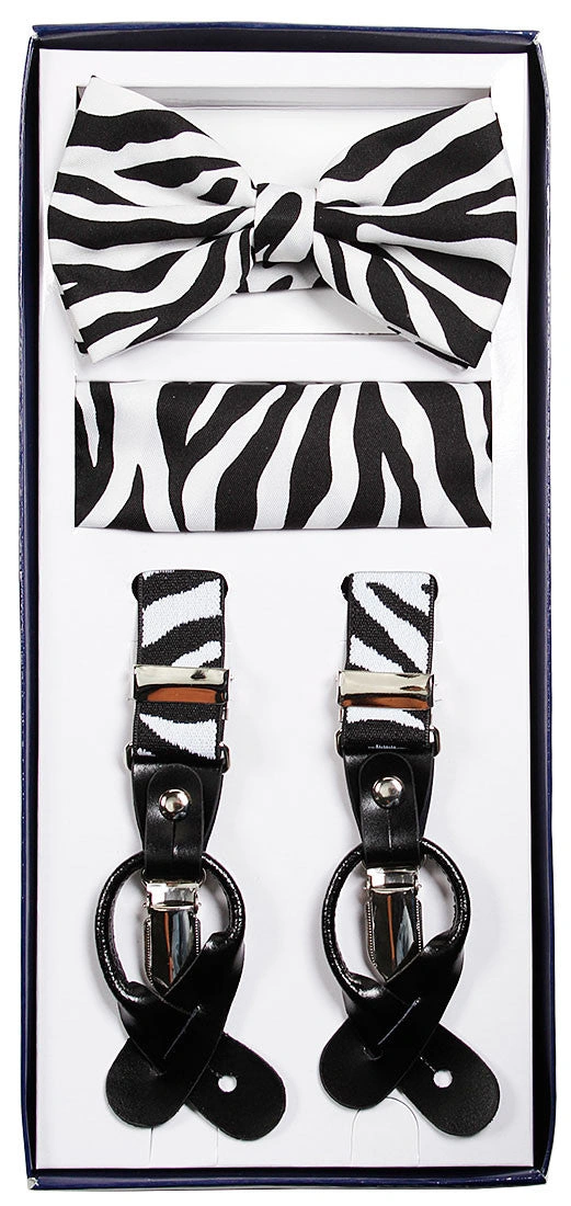 Zebra-Streifen: Hosenträger, Fliege und Einstecktuch – Set für stilvolle Abenteuer!