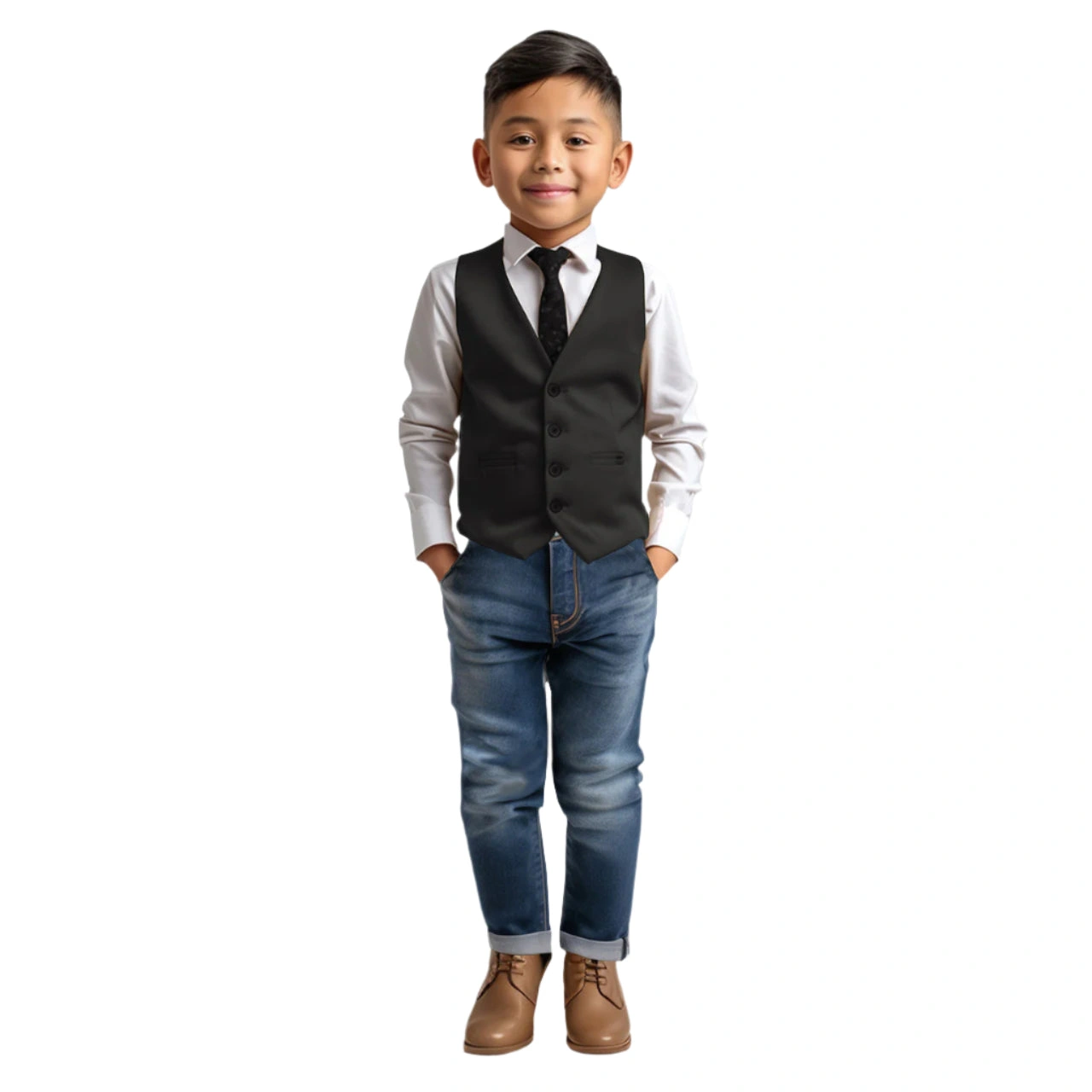 Zegarie Jungen Anzug Weste Schwarz Vier Knöpfe Elegante Mode Stilvolles Outfit Für Jungs